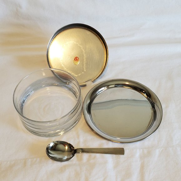 VTG Blown Glass Condiment/Sauce Bowl Metal Lid Spoon Underplate Shell Knob Italy - Picture 9 of 16